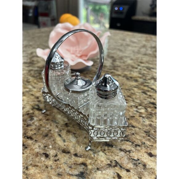 Vintage Salt & Pepper Shakers Mustard Caddy Cruet 4 Pc Silver Glass Elegant - Picture 4 of 15